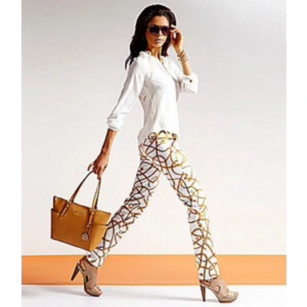 Michael Kors Chain Print Skinny Jeans White Gold Moto Zip Pockets Size 8